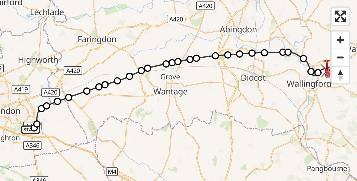 Flight route Air Ambulance Helicopter Great Western Hospital - RAF Benson, 27 September 2026, 09:48