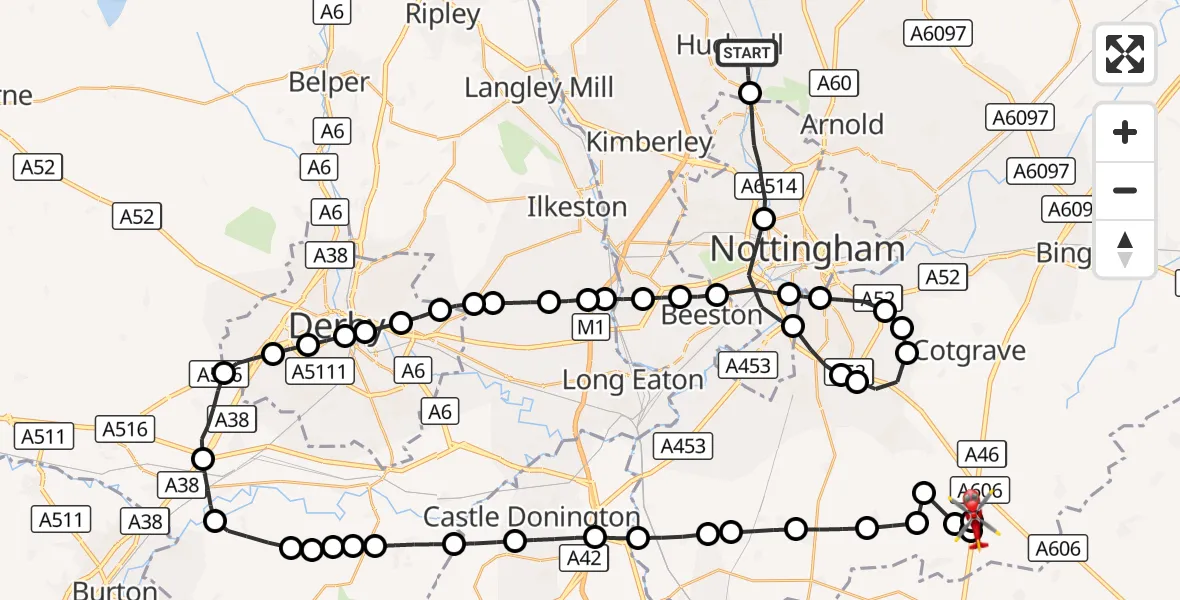 Flight route Air Ambulance Helicopter Hucknall - Nottingham Heliport, 27 September 2026, 09:54