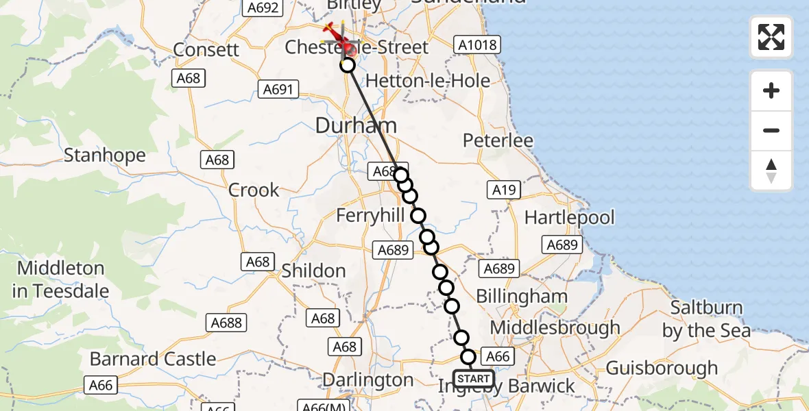 Flight route Air Ambulance Helicopter Egglescliffe - Chester-le-Street, 27 September 2026, 10:24