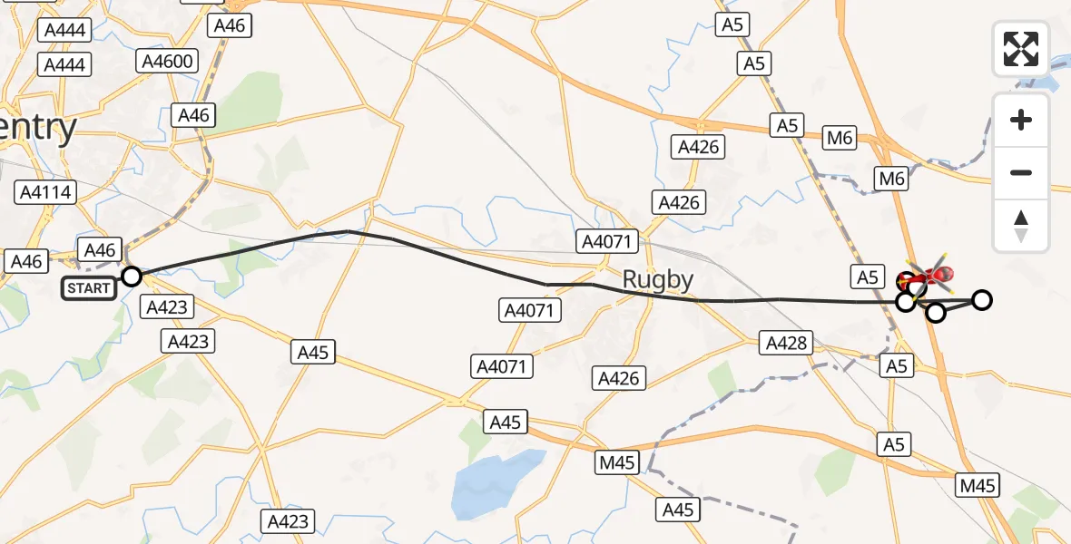 Flight route Air Ambulance Helicopter Coventry Airport - Crick, 27 September 2026, 10:28