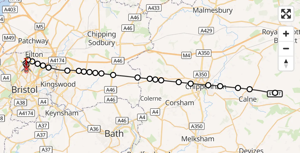 Flight route Air Ambulance Helicopter Yatesbury - Bristol, 27 September 2026, 10:30