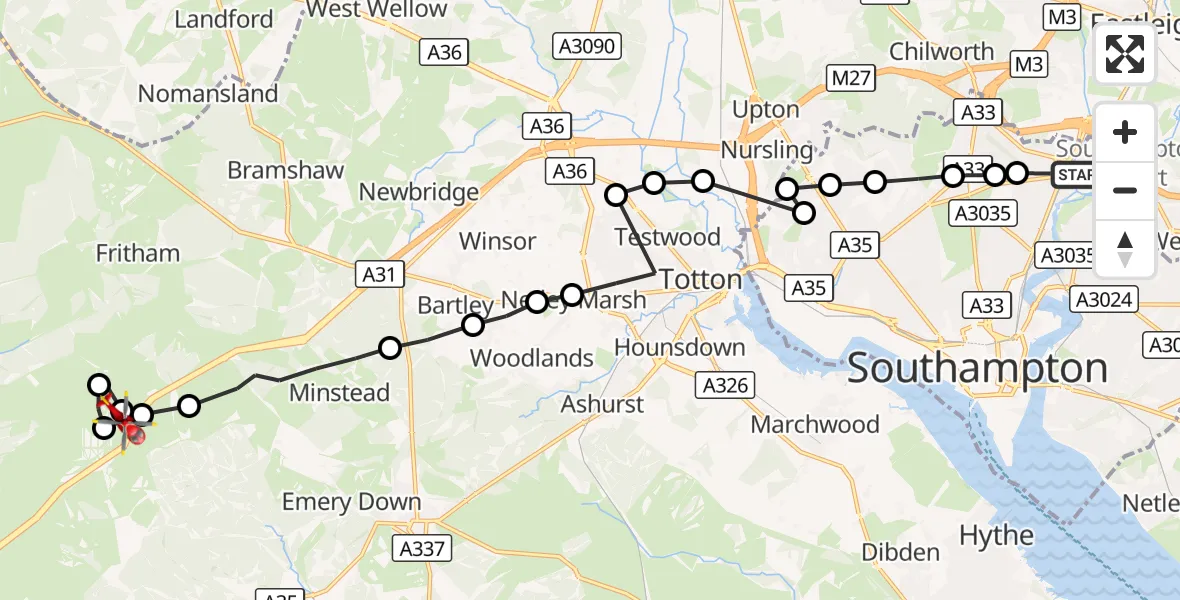 Flight route Air Ambulance Helicopter Mansbridge - Fritham, 27 September 2026, 10:39