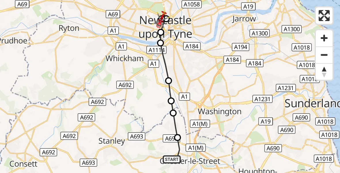 Flight route Air Ambulance Helicopter Chester-le-Street - Newcastle Royal Victoria Infirmary, 27 September 2026, 10:47