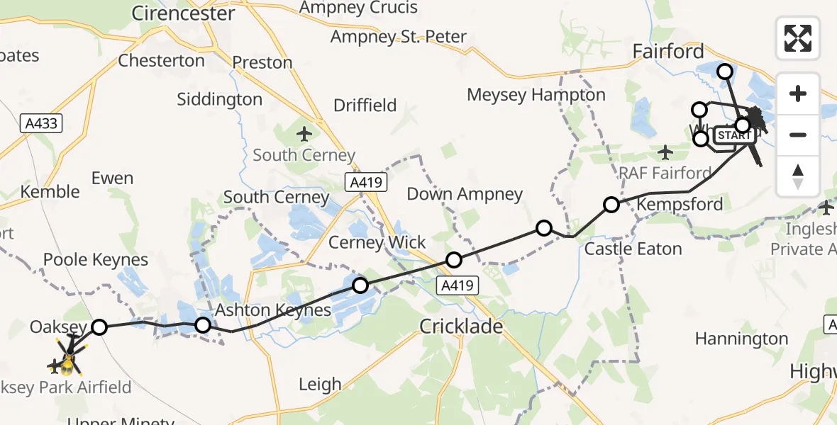 Flight route Police Helicopter Kempsford - Oaksey Park Airfield, 27 September 2026, 10:54