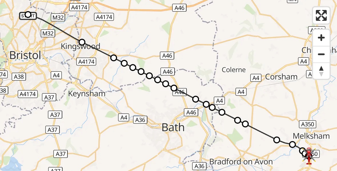 Flight route Air Ambulance Helicopter Southmead Hospital - Wiltshire Air Ambulance, 27 September 2026, 11:13