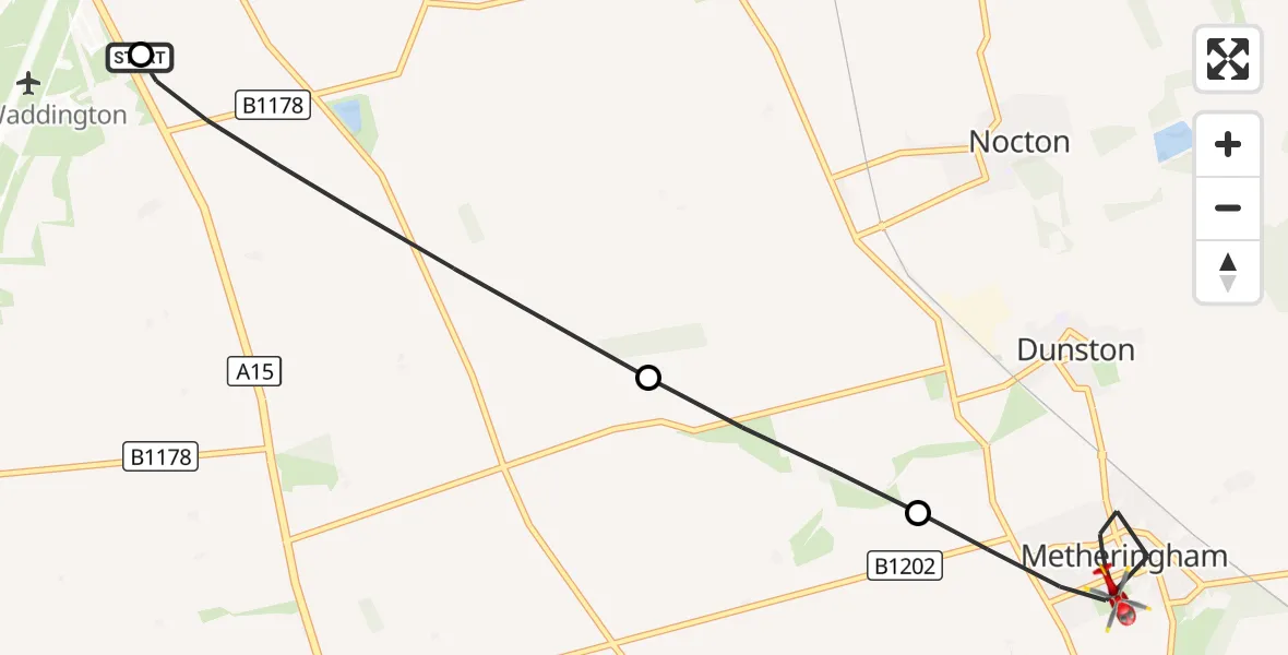 Flight route Air Ambulance Helicopter RAF Waddington - Metheringham, 27 September 2026, 11:32