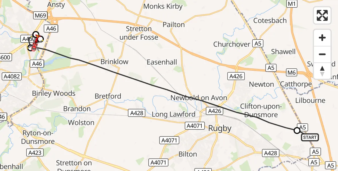 Flight route Air Ambulance Helicopter Yelvertoft - Rugby, 27 September 2026, 11:40