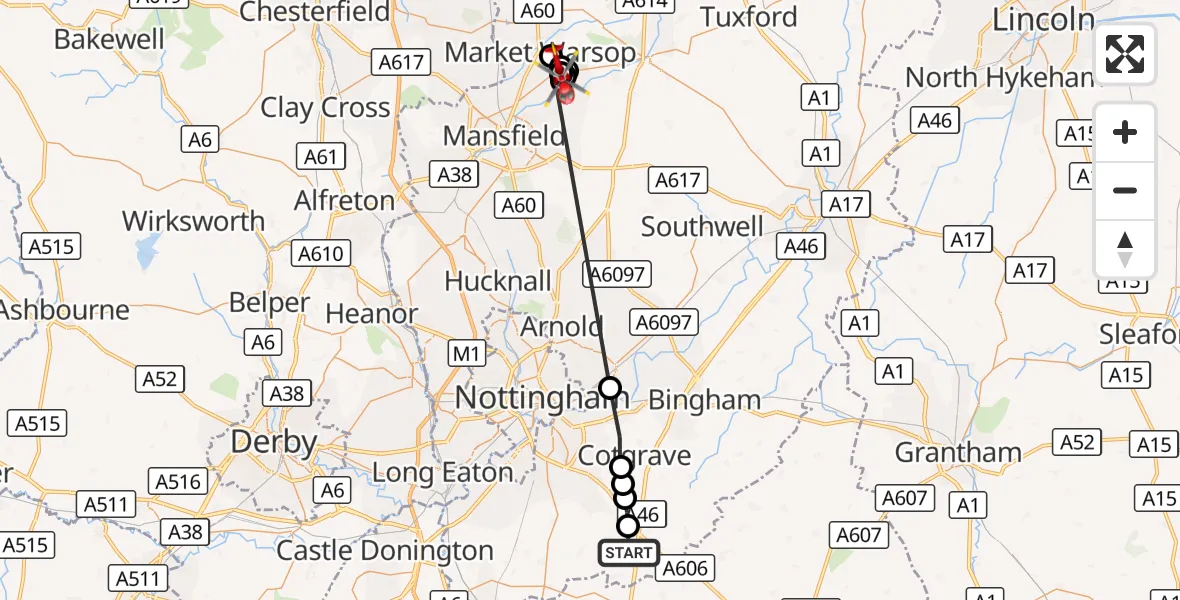 Flight route Air Ambulance Helicopter Widmerpool - Newark and Sherwood, 27 September 2026, 11:58