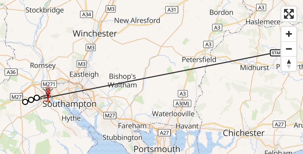 Flight route Air Ambulance Helicopter Lurgashall - Redbridge, 27 September 2026, 12:10