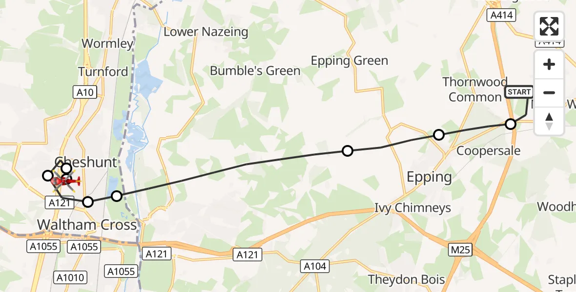 Flight route Air Ambulance Helicopter North Weald Airfield - Waltham Cross, 27 September 2026, 12:34