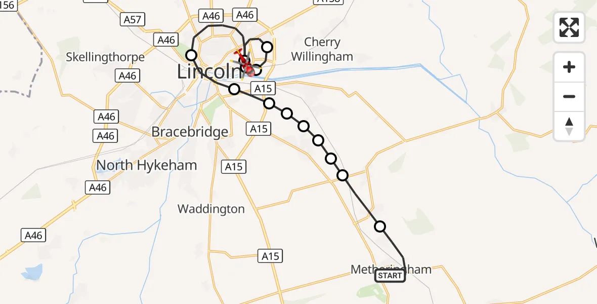 Flight route Air Ambulance Helicopter Metheringham - Bracebridge, 27 September 2026, 12:38