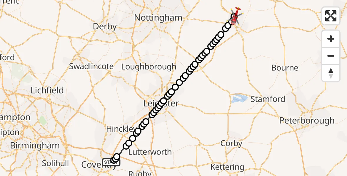 Flight route Air Ambulance Helicopter University Hospital Coventry - South Kesteven, 27 September 2026, 12:39