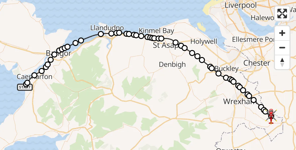 Flight route Air Ambulance Helicopter Caernarfon Airport - Tallarn Green, 27 September 2026, 12:49