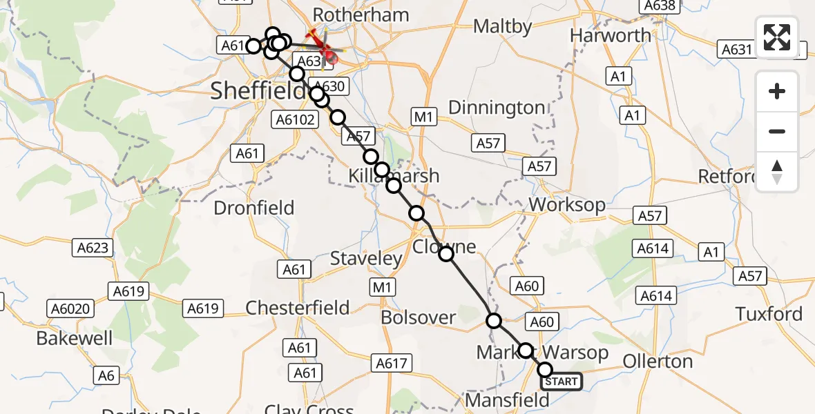 Flight route Air Ambulance Helicopter Newark and Sherwood - Tinsley, 27 September 2026, 12:52