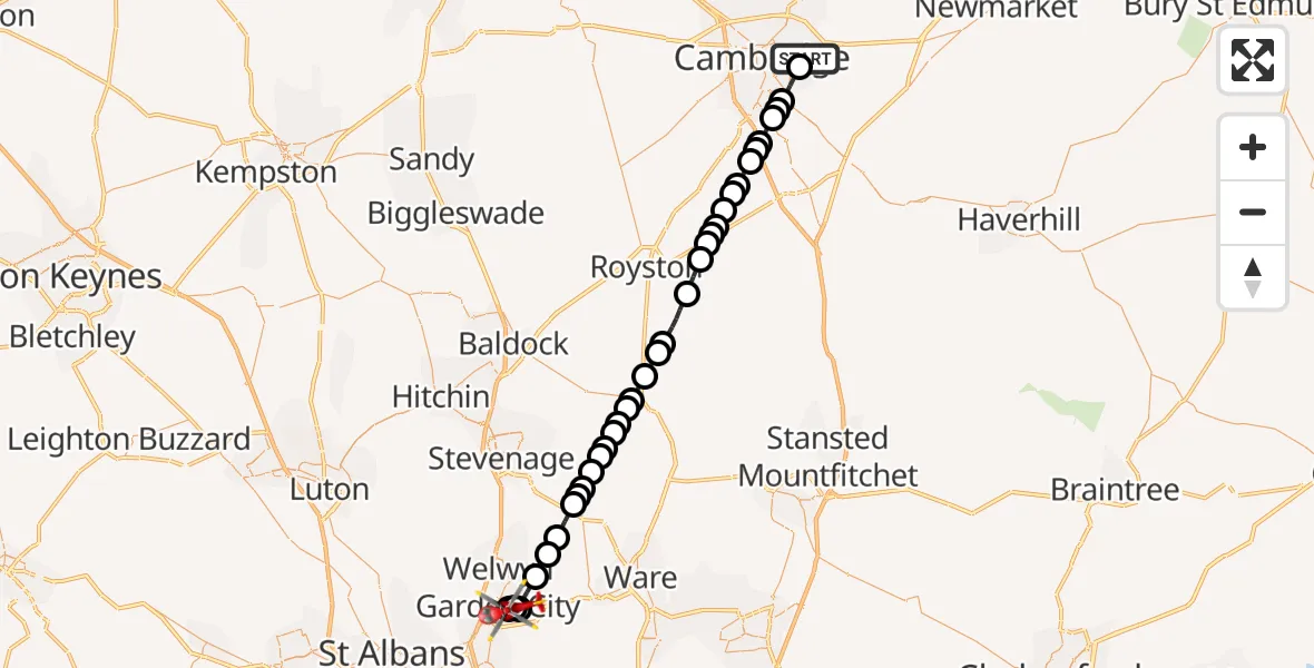 Flight route Air Ambulance Helicopter Cambridge City Airport - Welwyn Garden City, 27 September 2026, 12:55