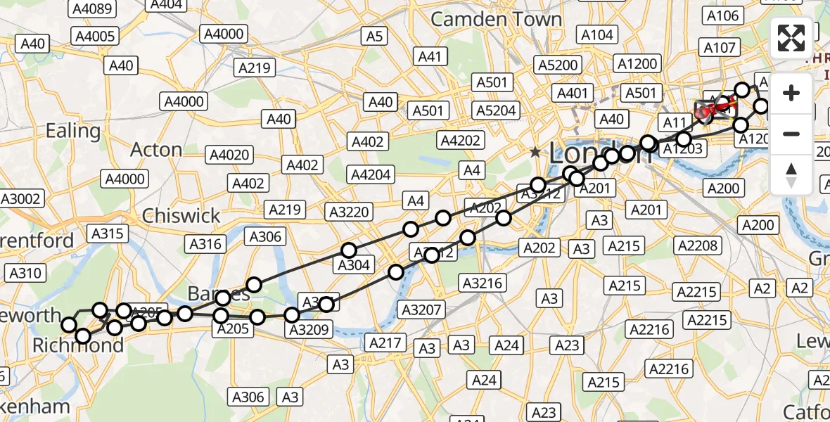 Flight route Air Ambulance Helicopter Royal London Hospital - Royal London Hospital, 27 September 2026, 13:02