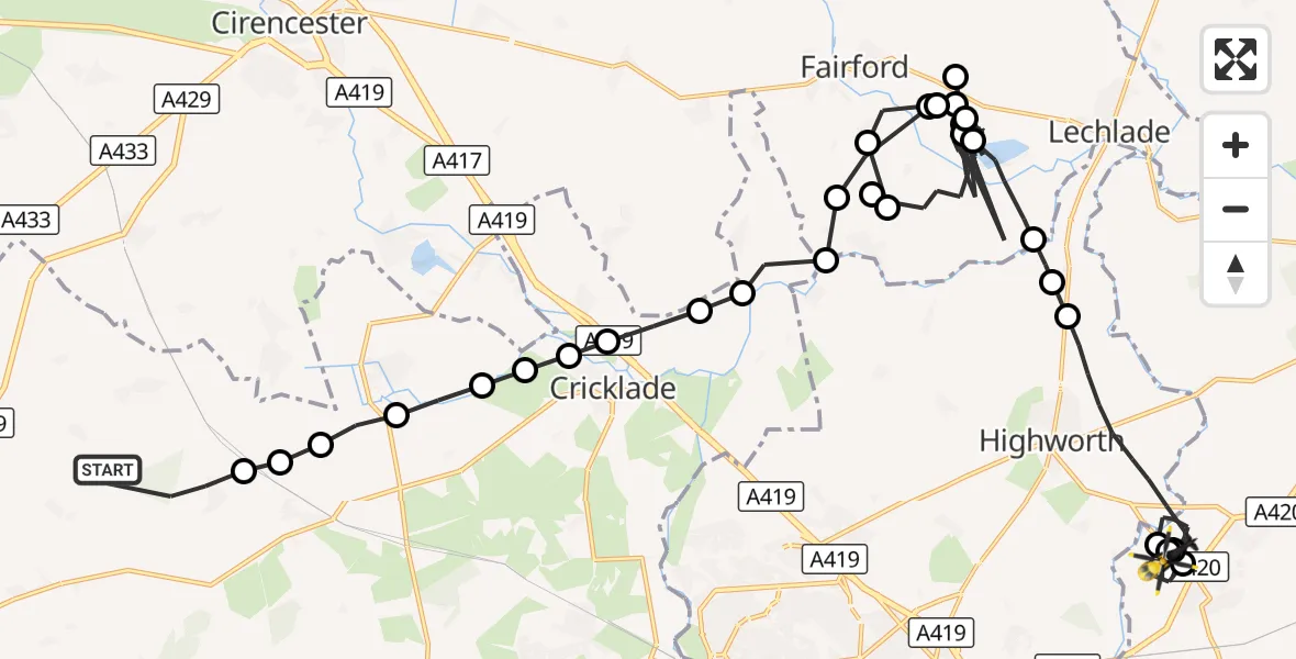 Flight route Police Helicopter Upper Minety - Sandhill Farm Airstrip, 27 September 2026, 13:06