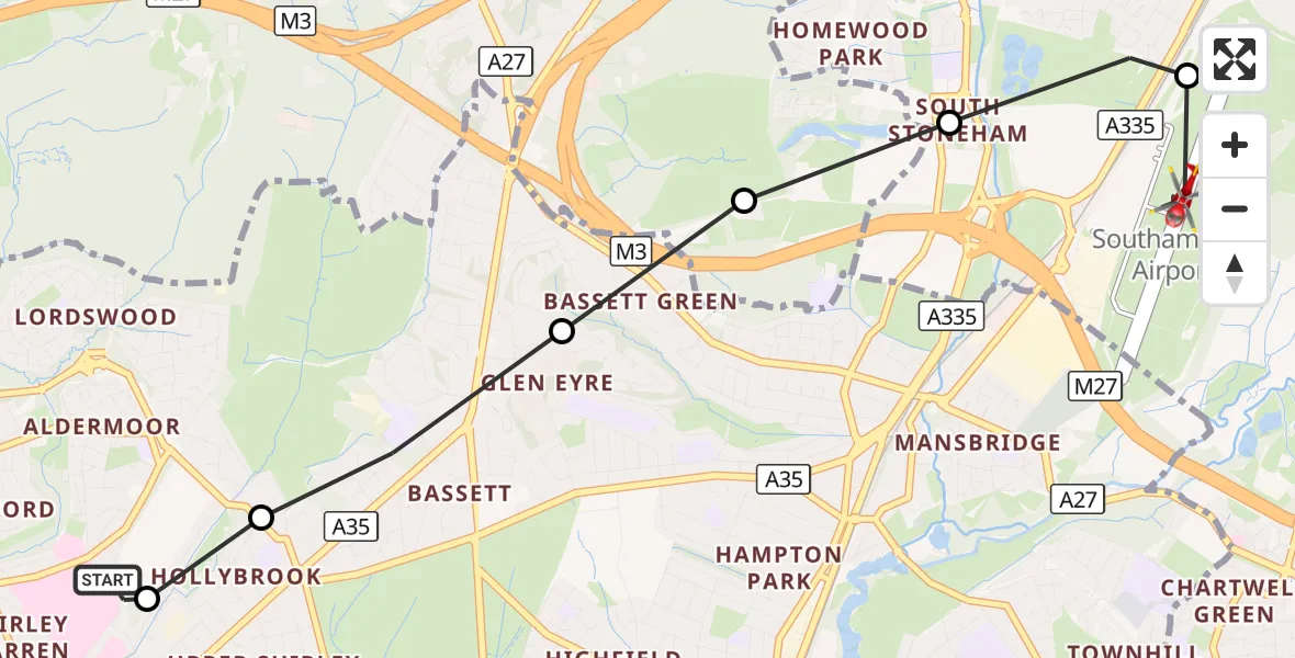 Flight route Air Ambulance Helicopter University Hospital Southampton - Southampton Airport, 27 September 2026, 13:07
