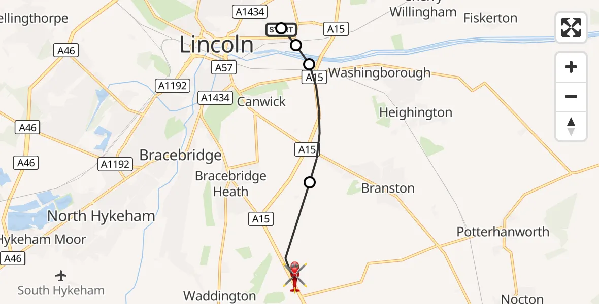 Flight route Air Ambulance Helicopter Lincoln County Trauma Unit - North Kesteven, 27 September 2026, 13:32