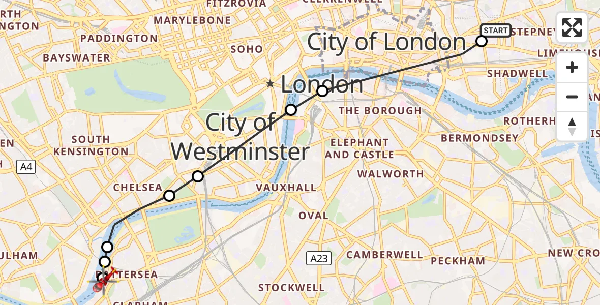 Flight route Air Ambulance Helicopter Royal London Hospital - London Heliport, 27 September 2026, 13:33