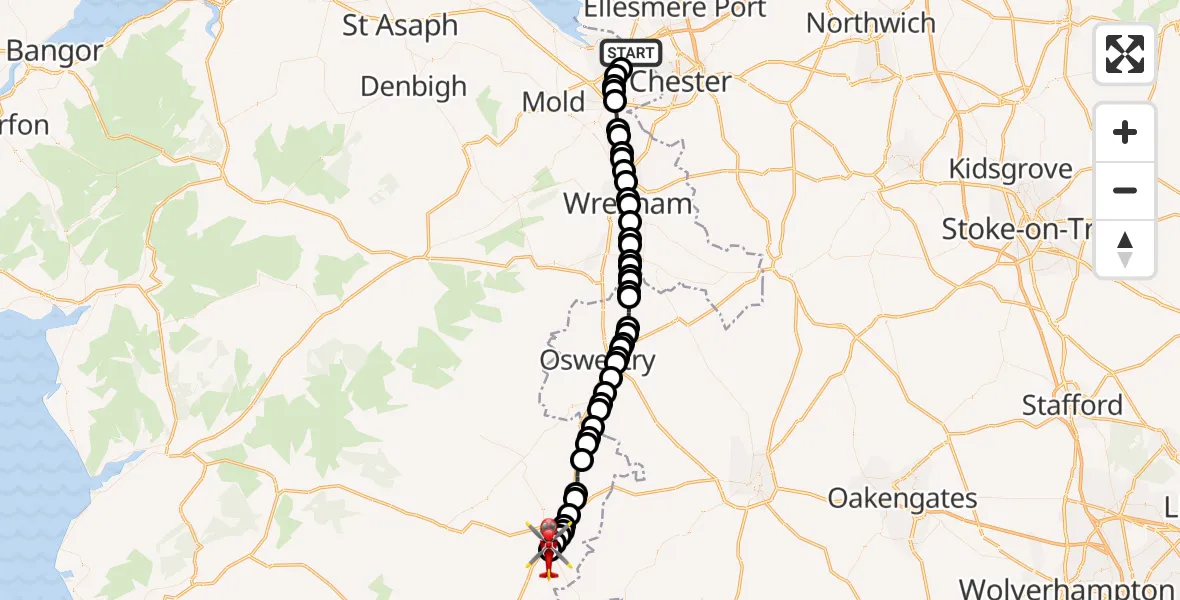 Flight route Air Ambulance Helicopter Sealand - Welshpool Airport, 27 September 2026, 13:33