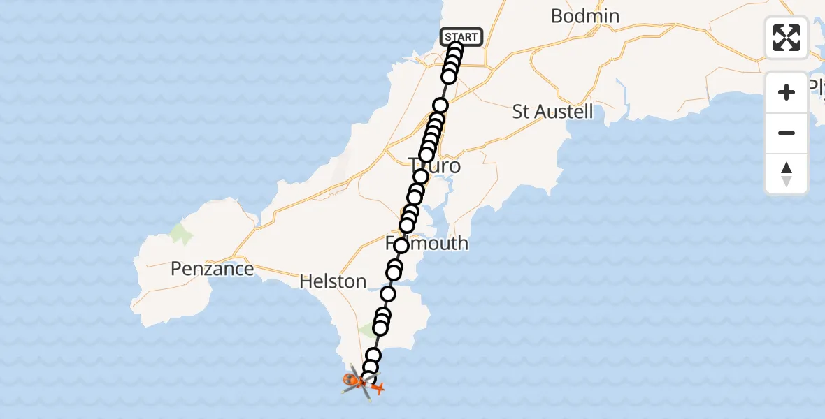 Flight route Coastguard Helicopter Cornwall Airport Newquay - Lizard, 27 September 2026, 13:35