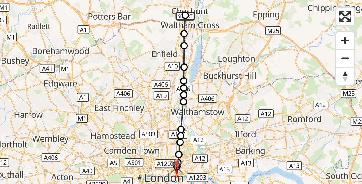 Flight route Air Ambulance Helicopter Cheshunt - Royal London Hospital, 27 September 2026, 13:37