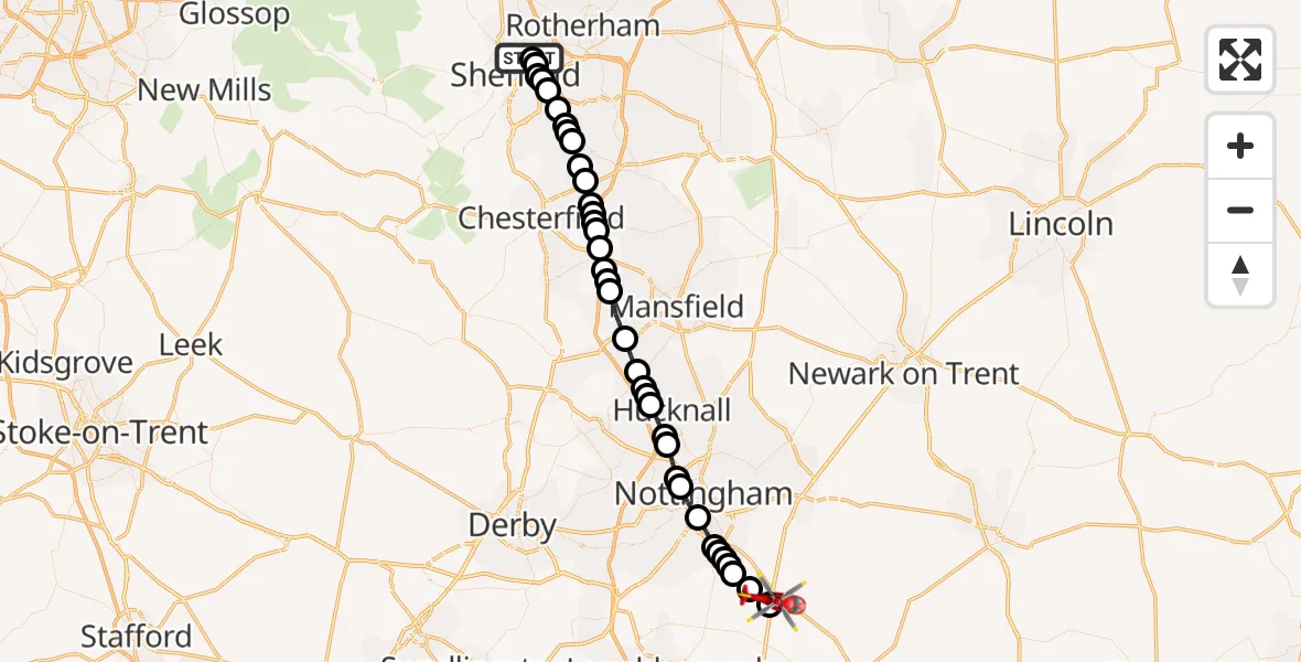 Flight route Air Ambulance Helicopter Atlas - Nottingham Heliport, 27 September 2026, 13:41