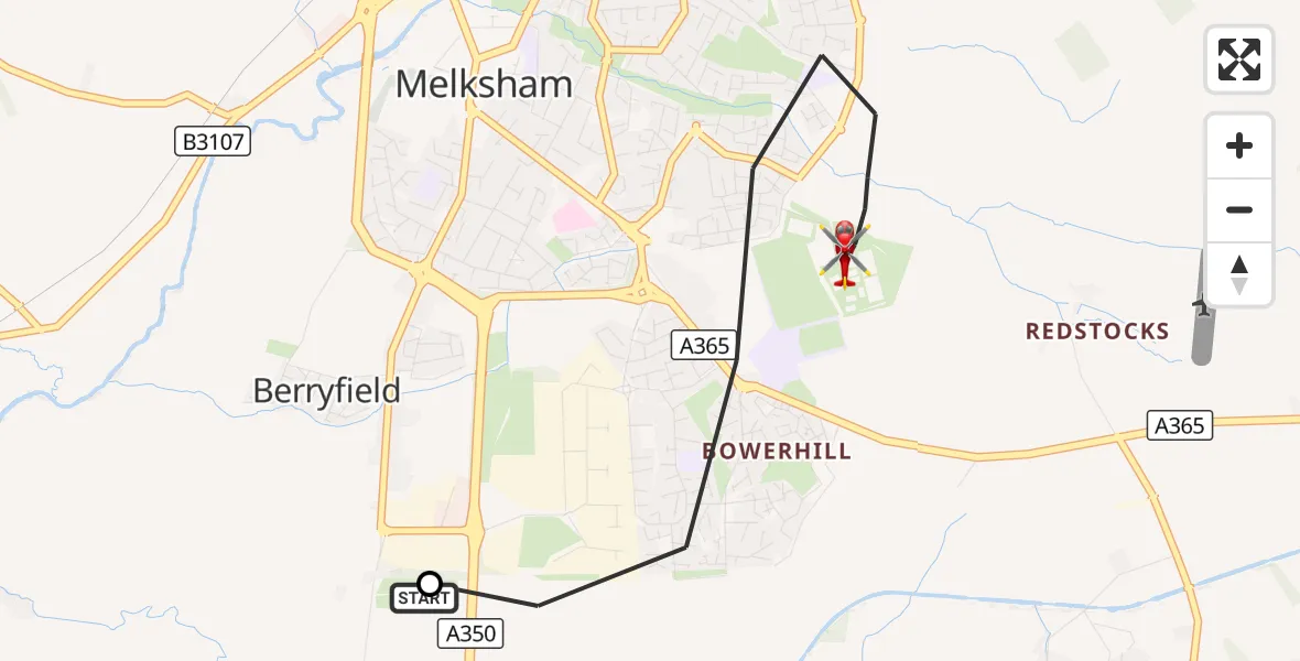Flight route Air Ambulance Helicopter Wiltshire Air Ambulance - Melksham, 27 September 2026, 13:44