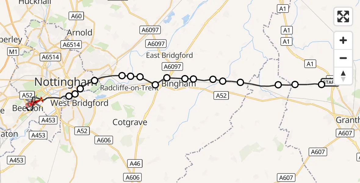 Flight route Air Ambulance Helicopter South Kesteven - City of Nottingham, 27 September 2026, 13:45