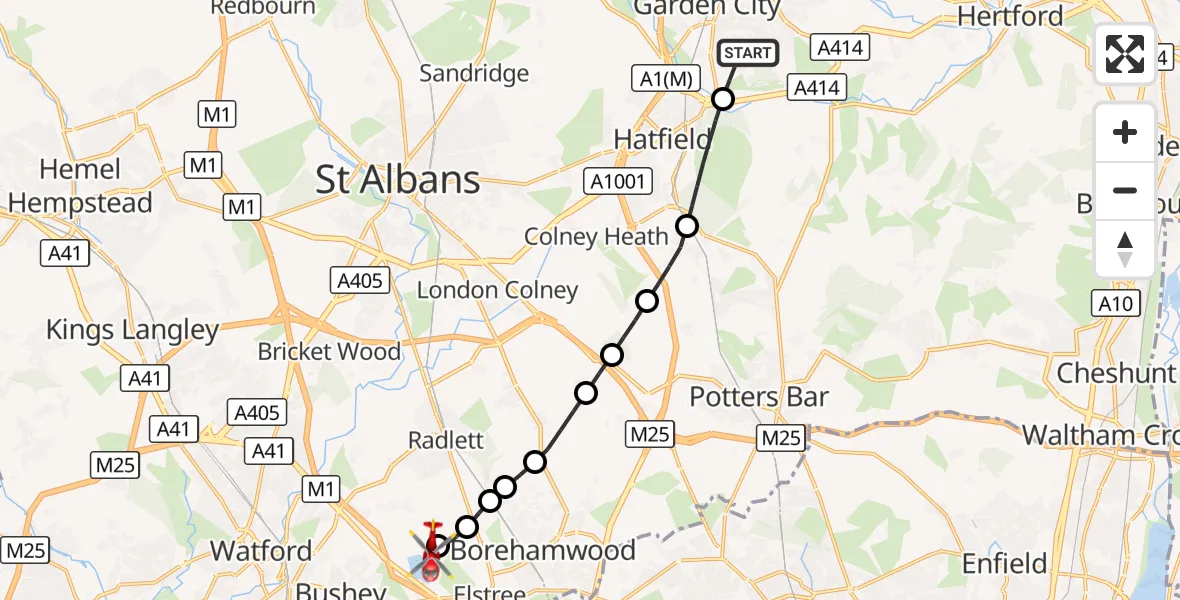 Flight route Air Ambulance Helicopter Welwyn Garden City - Elstree Airfield, 27 September 2026, 14:00