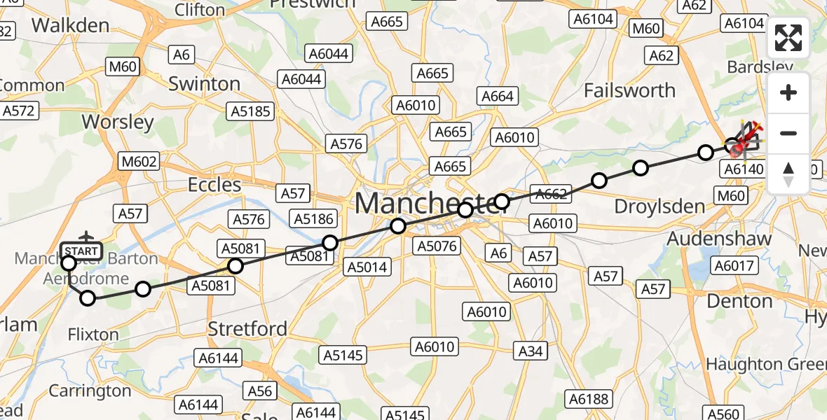 Flight route Air Ambulance Helicopter Manchester Barton Aerodrome - Ashton-under-Lyne, 27 September 2026, 14:12
