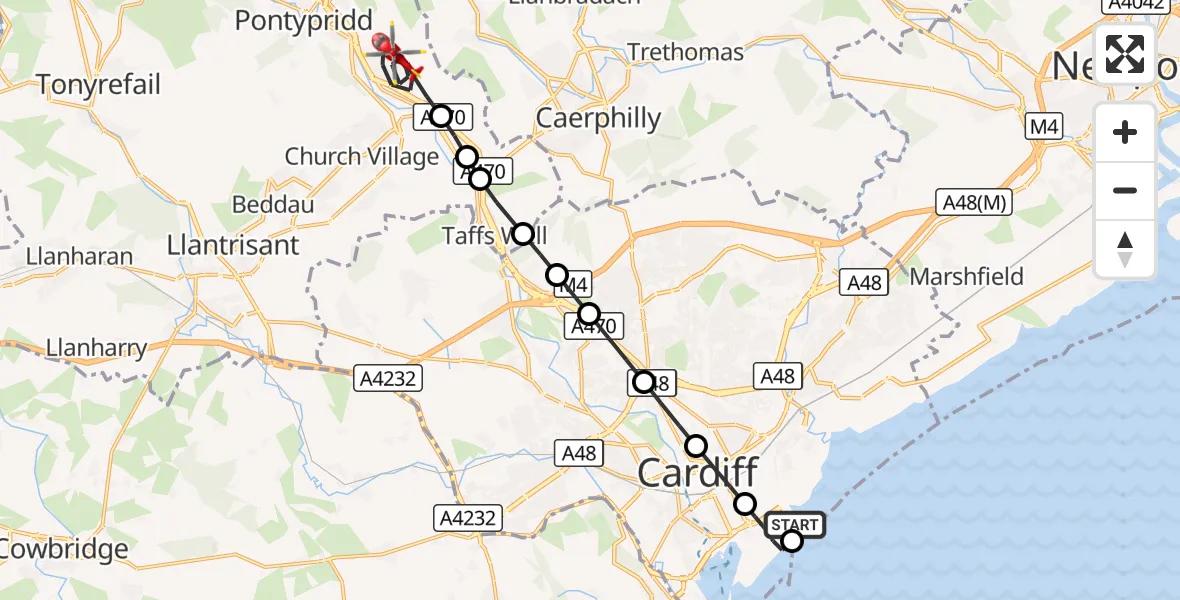 Flight route Air Ambulance Helicopter Cardiff Heliport - Pontypridd, 27 September 2026, 14:14