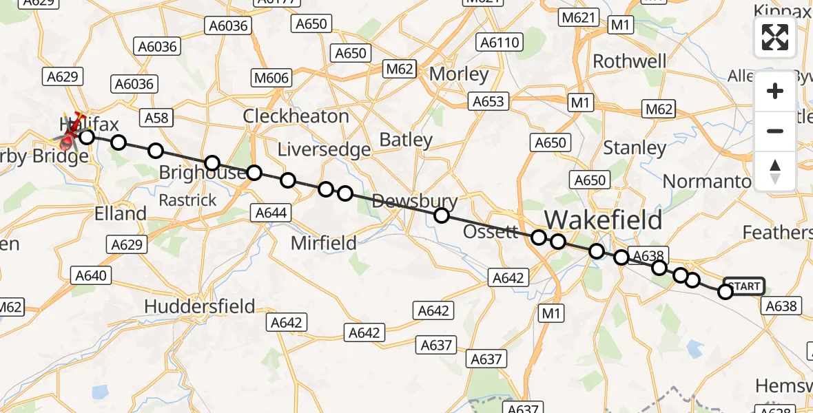 Flight route Air Ambulance Helicopter YAA Nostell Helicopter Port - Halifax, 27 September 2026, 14:18