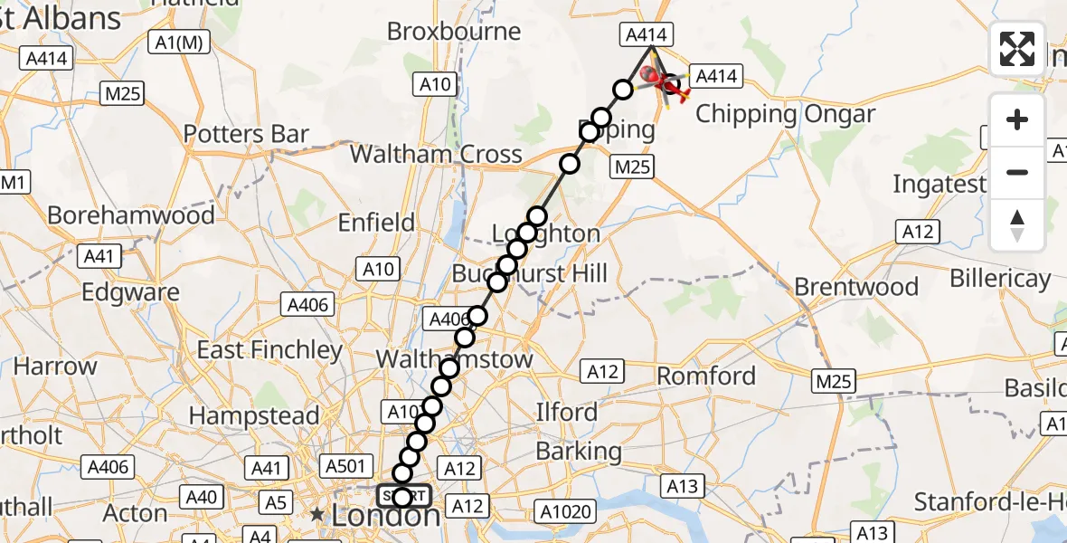 Flight route Air Ambulance Helicopter Royal London Hospital - North Weald Airfield, 27 September 2026, 14:33