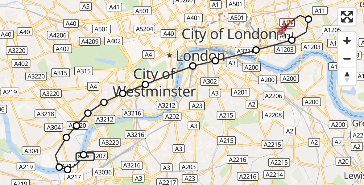 Flight route Air Ambulance Helicopter London Heliport - Royal London Hospital, 27 September 2026, 14:35