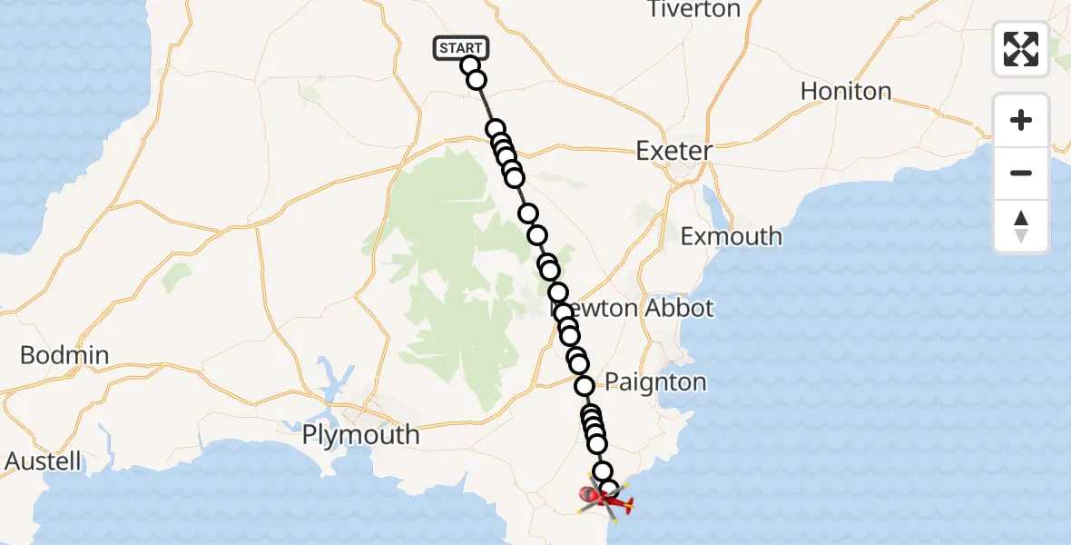 Flight route Air Ambulance Helicopter Winkleigh - Slapton, 27 September 2026, 14:46