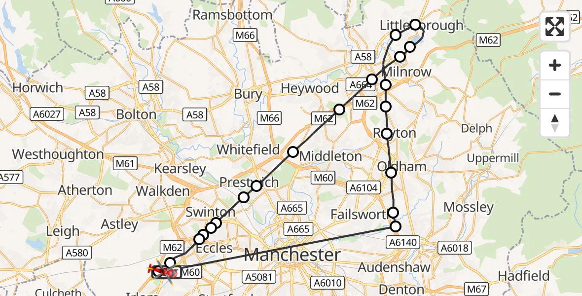 Flight route Air Ambulance Helicopter Manchester Barton Aerodrome - Irlam, 27 September 2026, 14:50