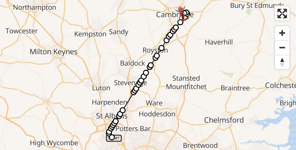 Flight route Air Ambulance Helicopter Elstree Airfield - Cambridge City Airport, 27 September 2026, 15:05