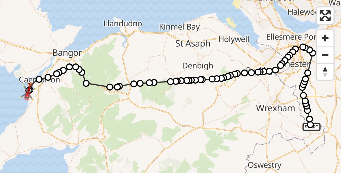 Flight route Air Ambulance Helicopter Tallarn Green - Caernarfon Airport, 27 September 2026, 15:07