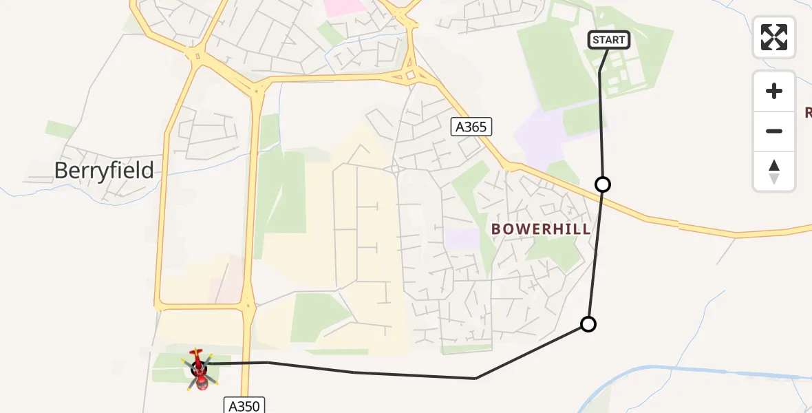 Flight route Air Ambulance Helicopter Melksham - Wiltshire Air Ambulance, 27 September 2026, 15:08