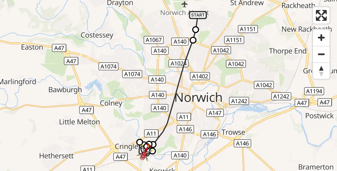 Flight route Air Ambulance Helicopter Norwich Airport - Cringleford, 27 September 2026, 15:16
