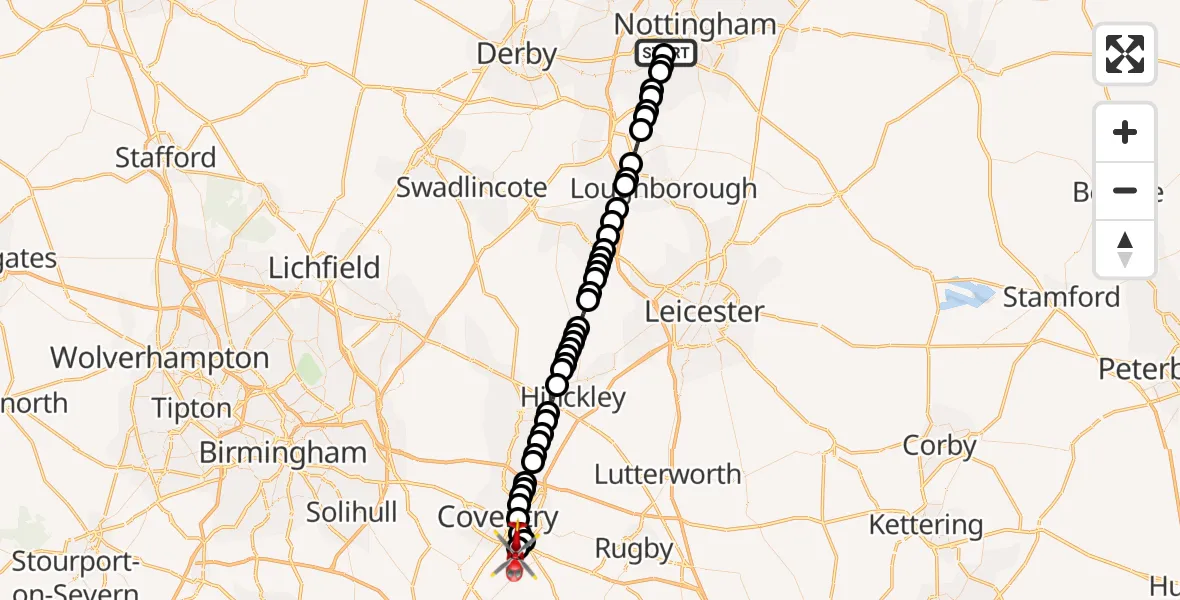 Flight route Air Ambulance Helicopter Beeston - Coventry Airport, 27 September 2026, 15:19