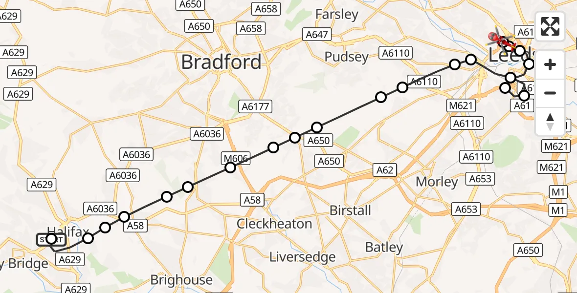 Flight route Air Ambulance Helicopter Halifax - Hyde Park, 27 September 2026, 15:26