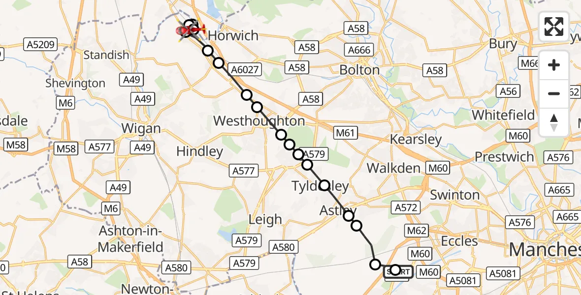 Flight route Air Ambulance Helicopter Manchester Barton Aerodrome - Bolton, 27 September 2026, 15:27