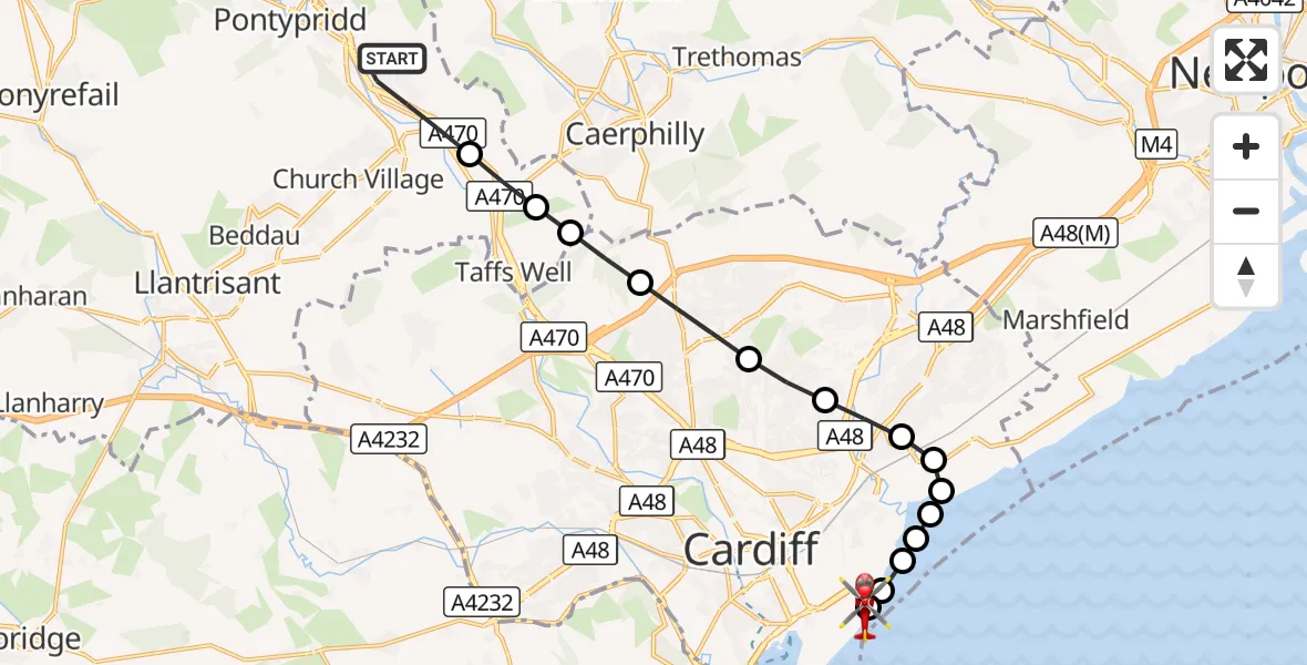 Flight route Air Ambulance Helicopter Pontypridd - Cardiff Heliport, 27 September 2026, 15:35