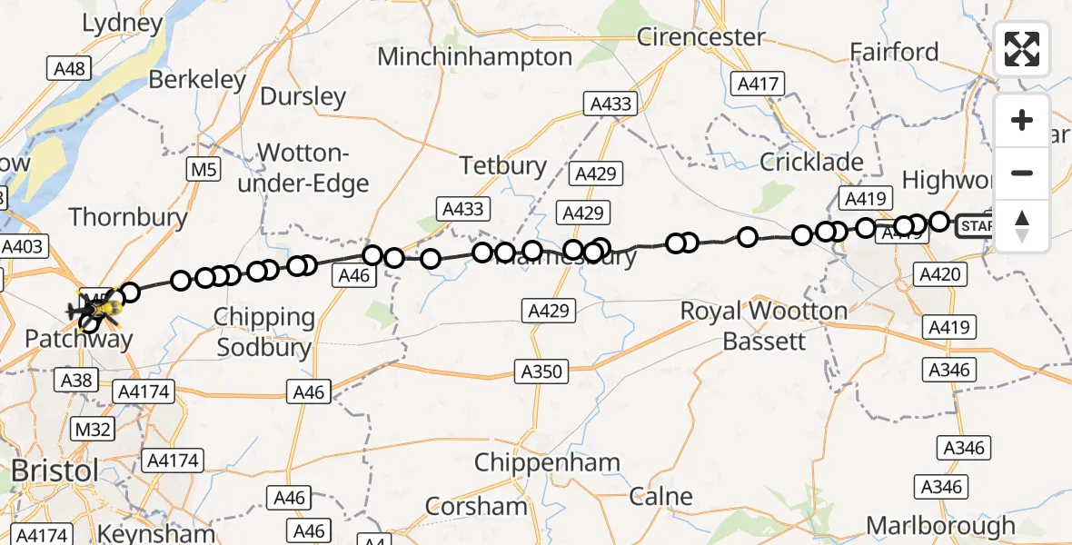Flight route Police Helicopter Highworth - Almondsbury Helicopter Base, 27 September 2026, 15:38