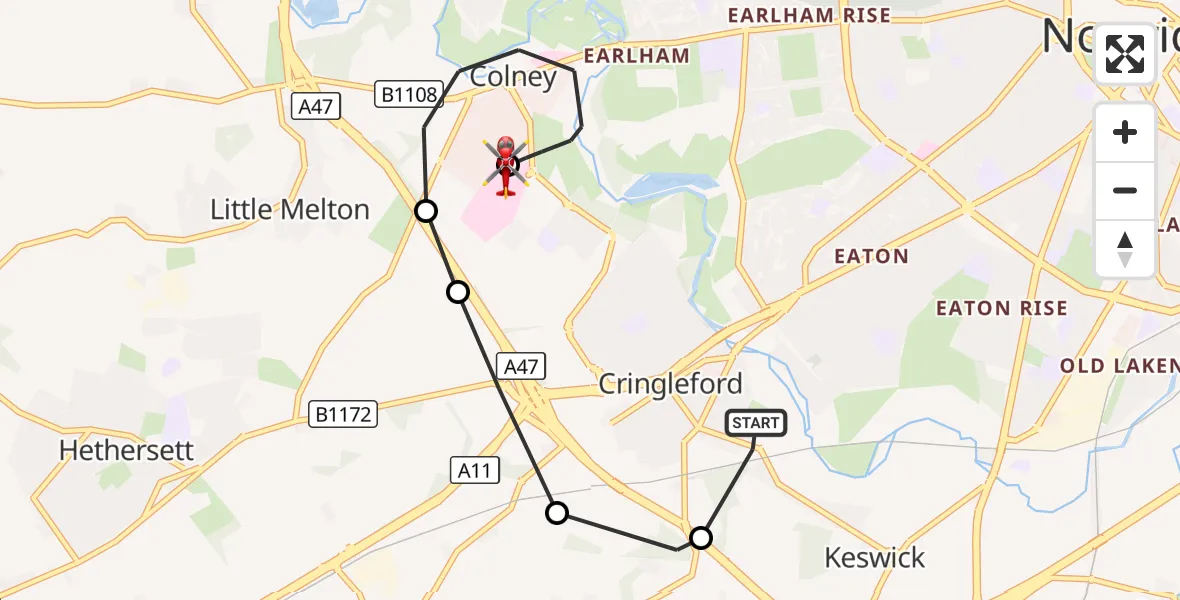 Flight route Air Ambulance Helicopter Cringleford - Norfolk & Norwich Hospital, 27 September 2026, 15:48
