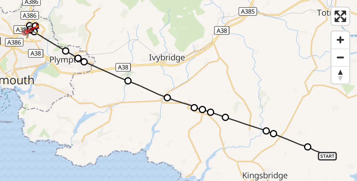 Flight route Air Ambulance Helicopter South Hams - Derriford Hospital, 27 September 2026, 16:08