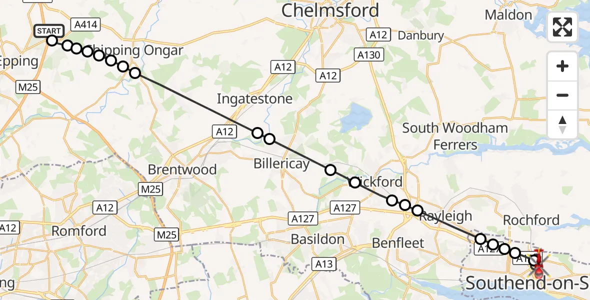 Flight route Air Ambulance Helicopter North Weald Airfield - Prittlewell, 27 September 2026, 16:10
